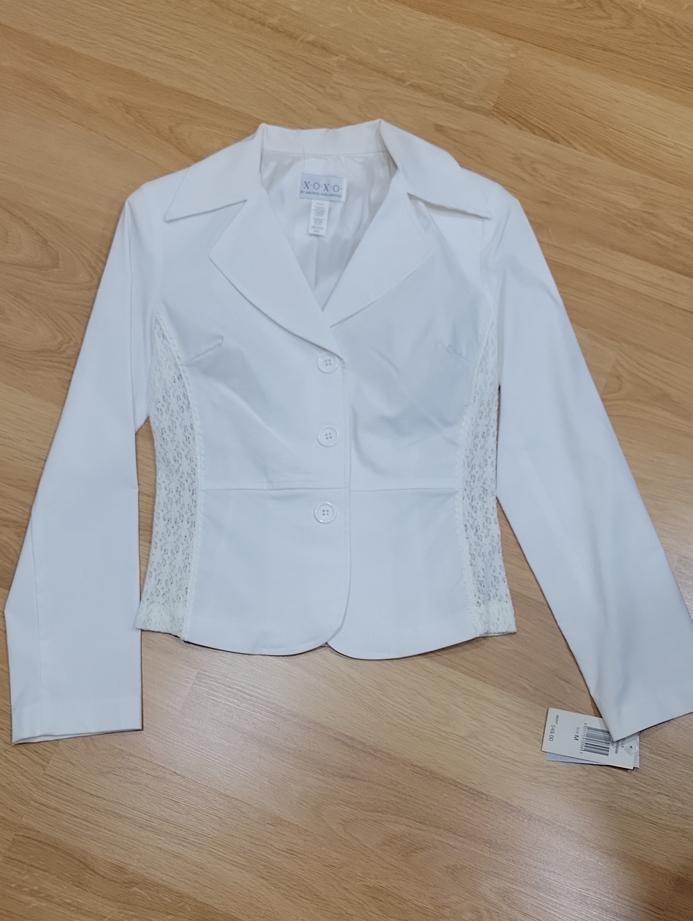 XOXO White Lace-Inset Cropped Blazer